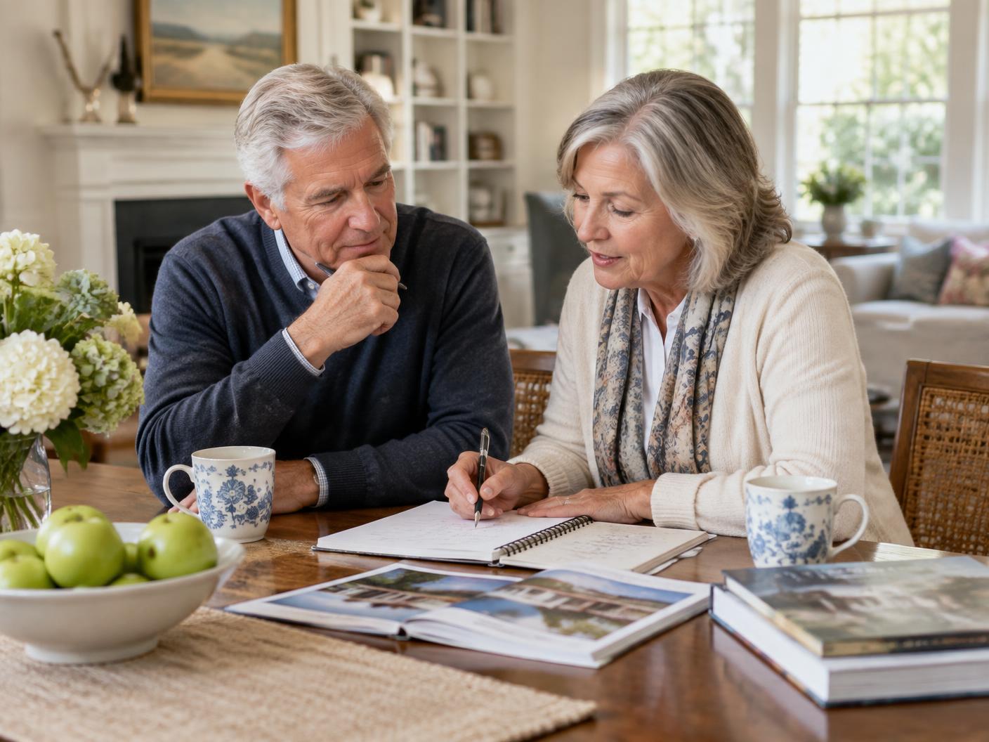 Mature couple thoughtfully planning together at home