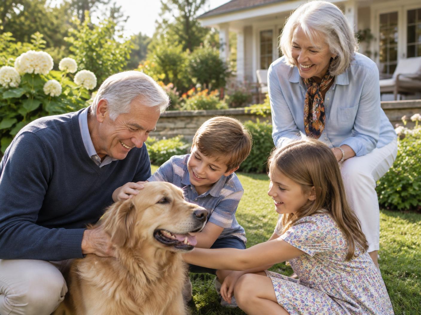 Grandparents enjoying time with grandchildren in a garden