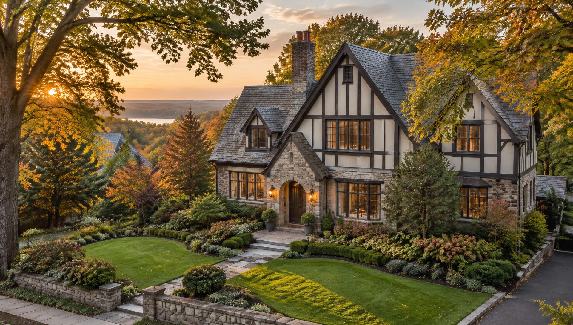 Tudor home among mature trees at golden hour