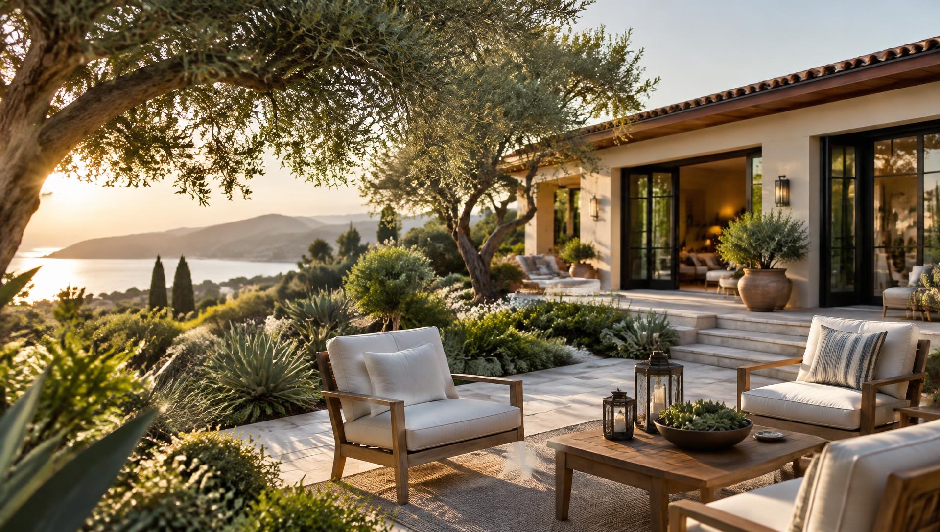 Serene warm-climate patio at sunset